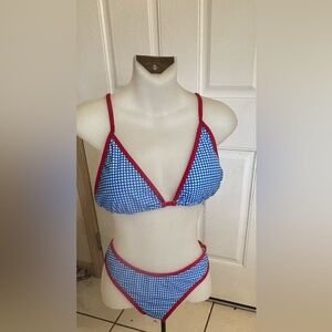 XL Shein blue/white checkered Print Red Trim Triangle Top/High Cut Bikini Set